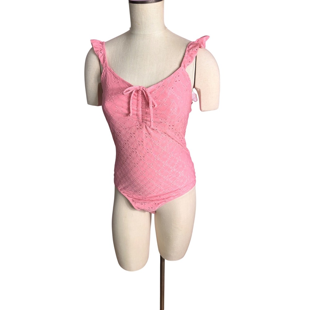 Persaya Bodysuit Medium Pink Eyelet Ruffle Strap V-Neck Tie Front PT9442